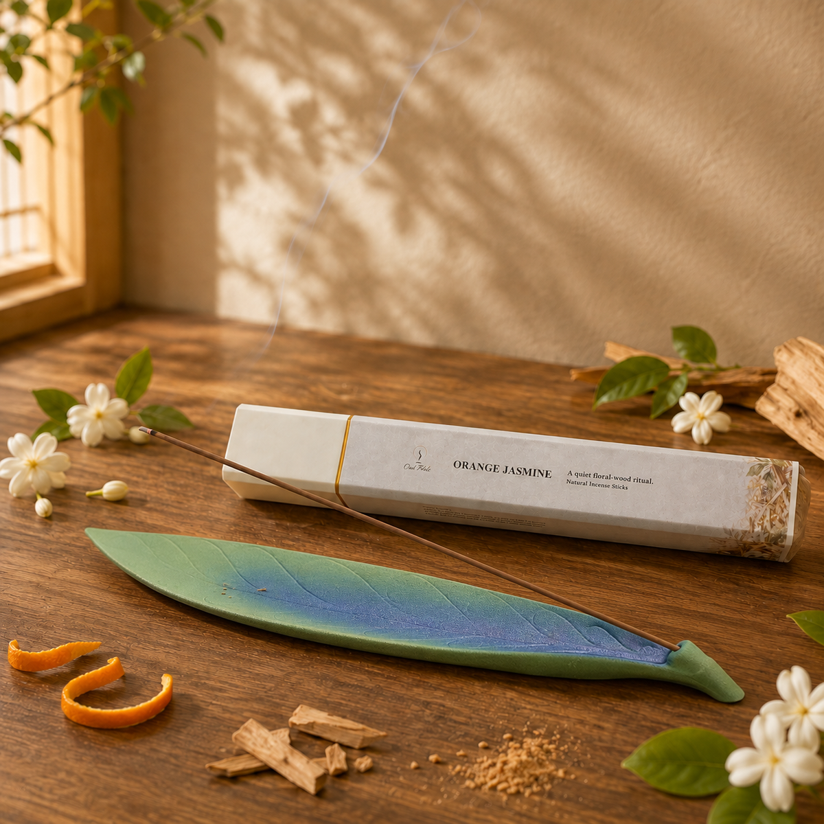 Orange Jasmine Sandalwood 50g incense and Lucky Leaf holder set