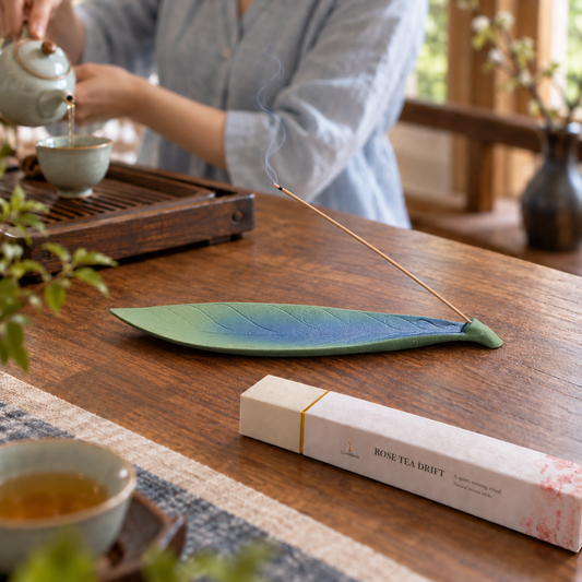Rose Tea Drift incense with Lucky Leaf ceramic holder