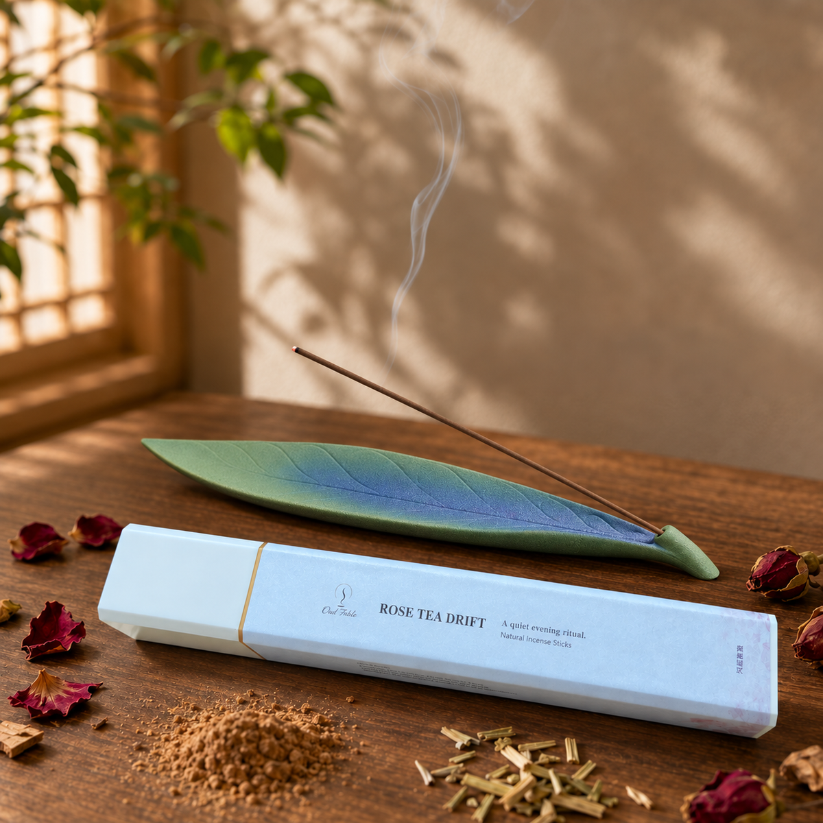 Rose Tea Drift 50g incense and Lucky Leaf holder set