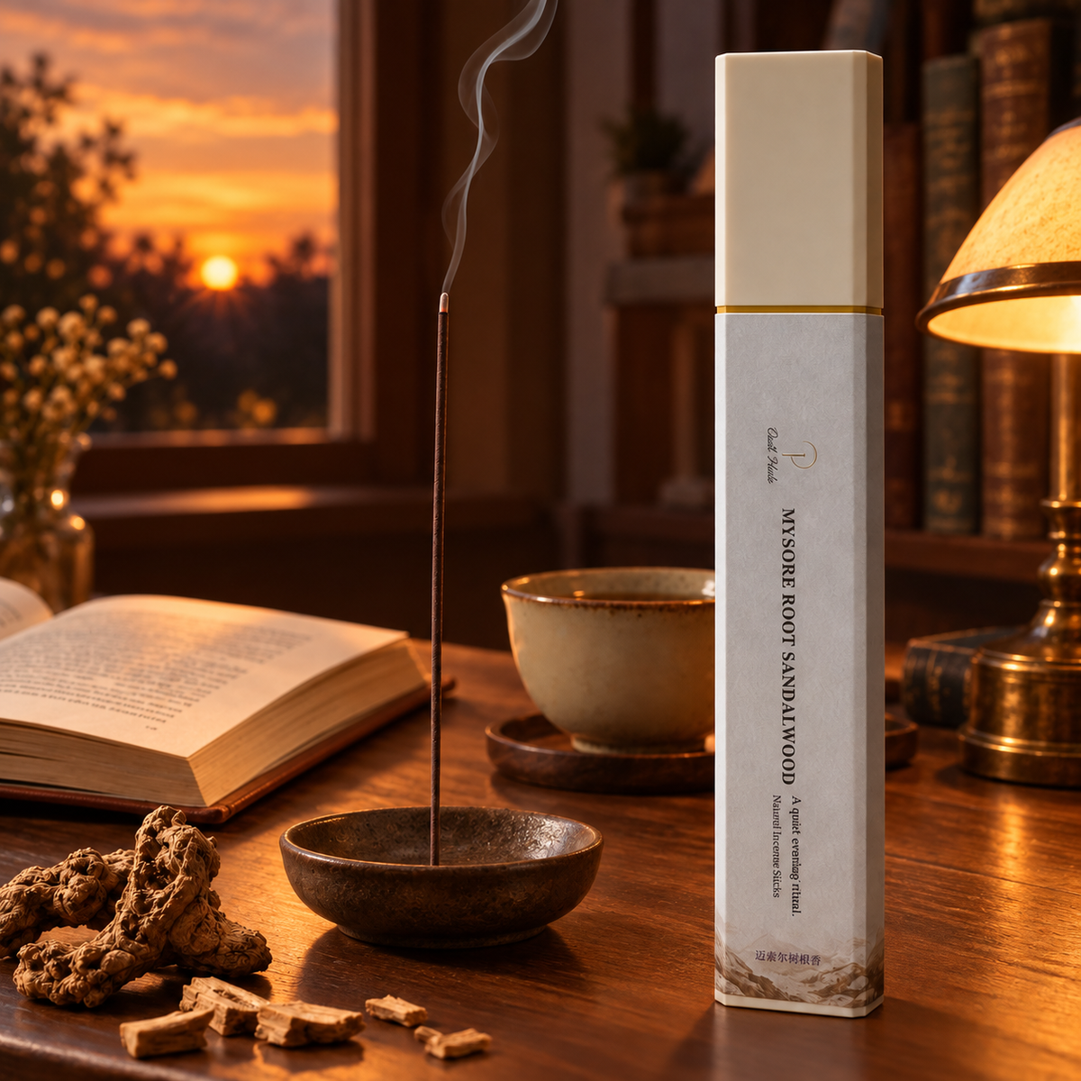 Mysore Root Sandalwood incense in a warm dusk reading room