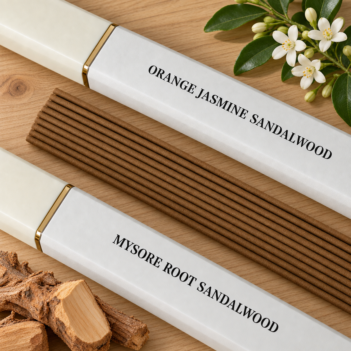 Orange Jasmine Sandalwood and Mysore Root Sandalwood incense tubes on light wood with jasmine flowers and sandalwood roots