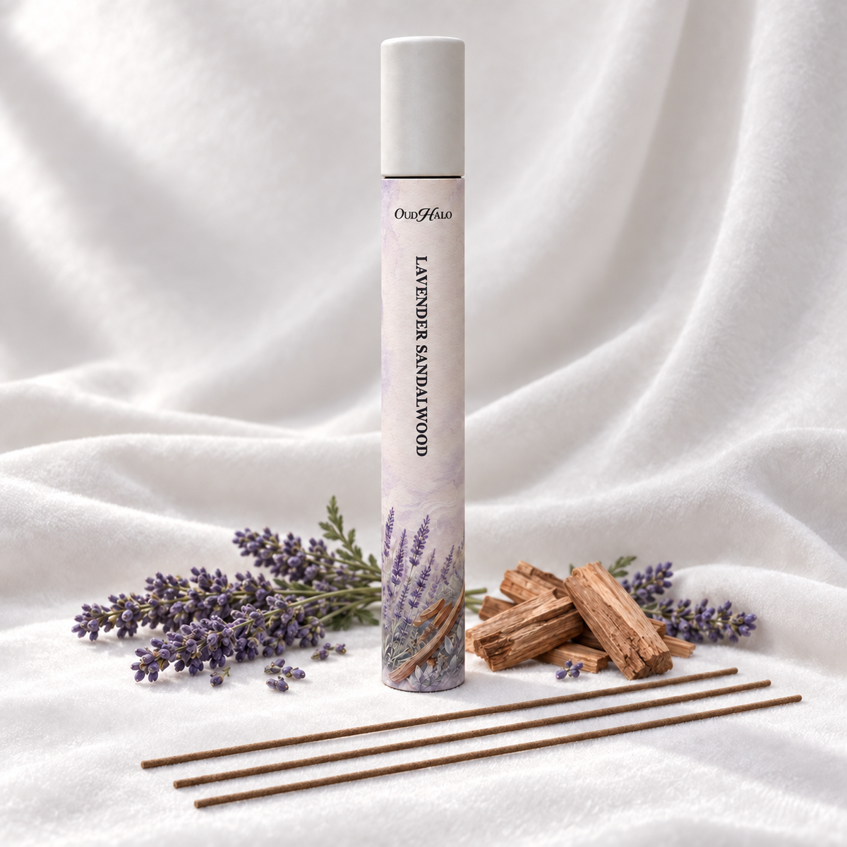OudHalo 20g Lavender Sandalwood incense tube with lavender, sandalwood and coreless sticks on white velvet