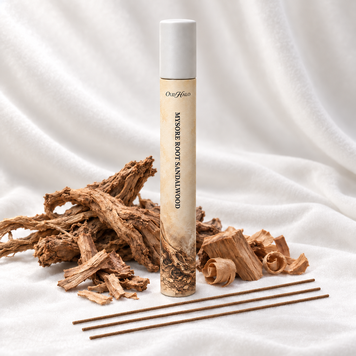 OudHalo 20g Mysore Root Sandalwood incense tube with raw materials and coreless sticks on white velvet
