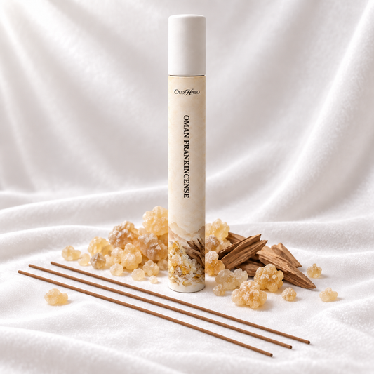 OudHalo 20g Oman Frankincense incense tube with raw materials and coreless sticks on white velvet