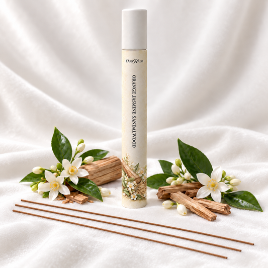OudHalo 20g Orange Jasmine Sandalwood incense tube with raw materials and coreless sticks on white velvet