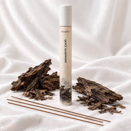 OudHalo 20g Quiet Agarwood incense tube with raw materials and coreless sticks on white velvet