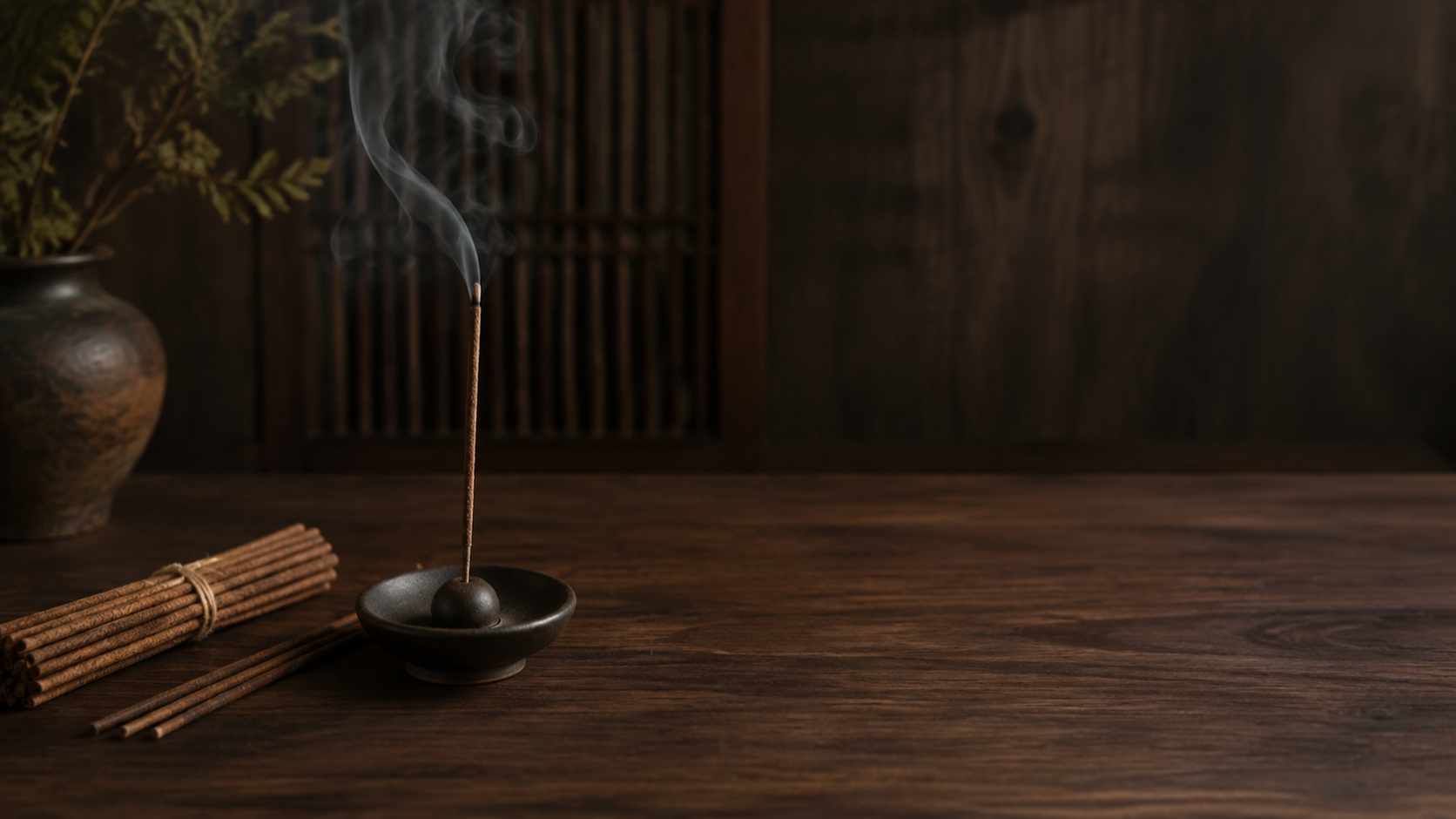 Natural bamboo-free incense burning on a dark wood table