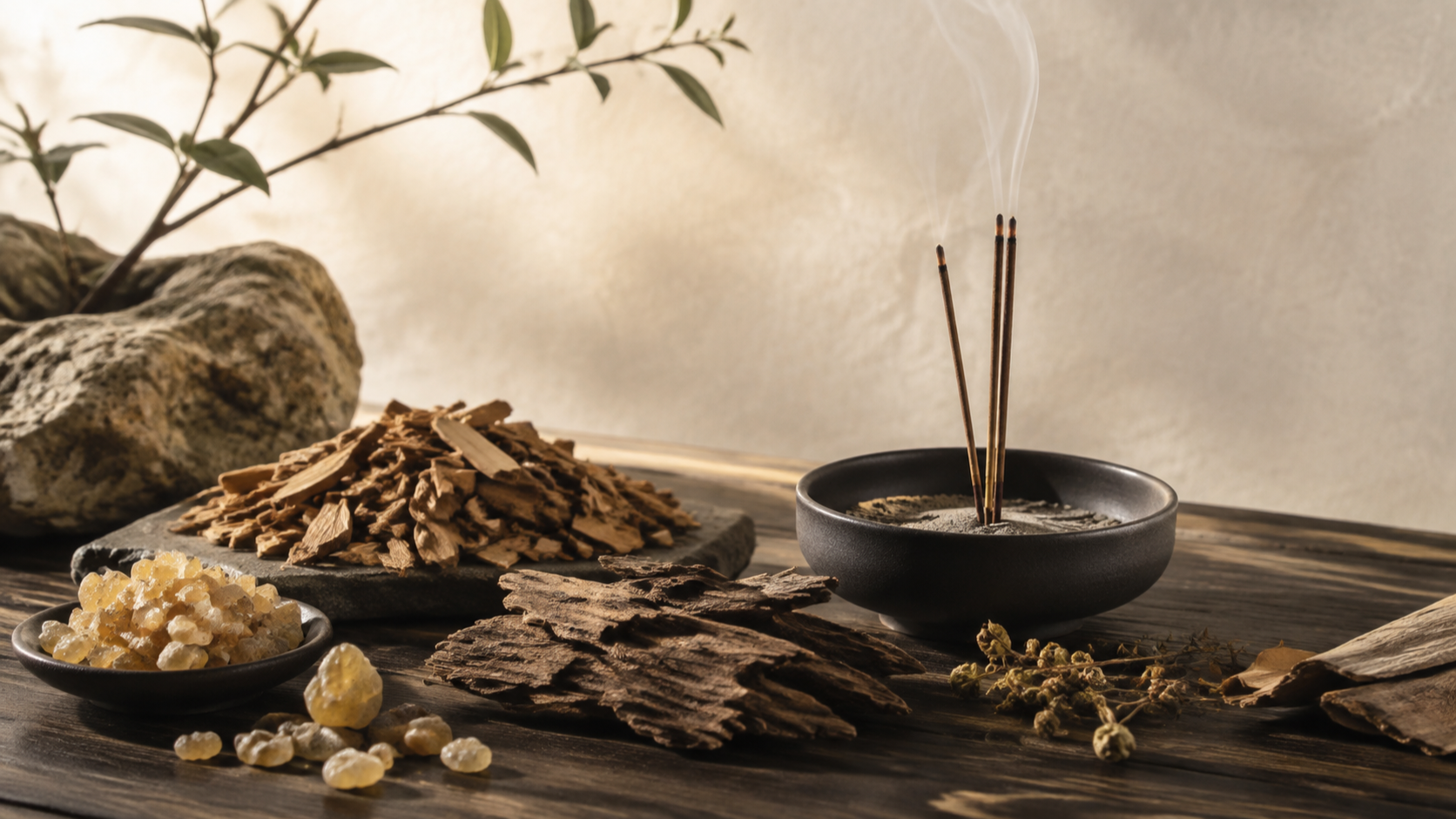 Natural incense materials with sandalwood, agarwood, frankincense, and burning incense