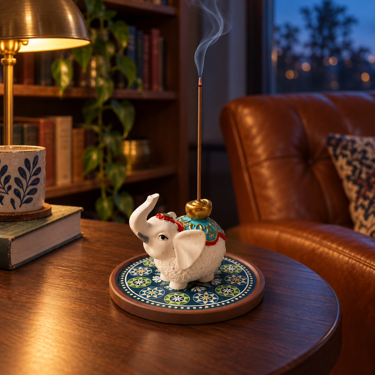 Elephant incense holder with matching tray in a home setting; incense not included