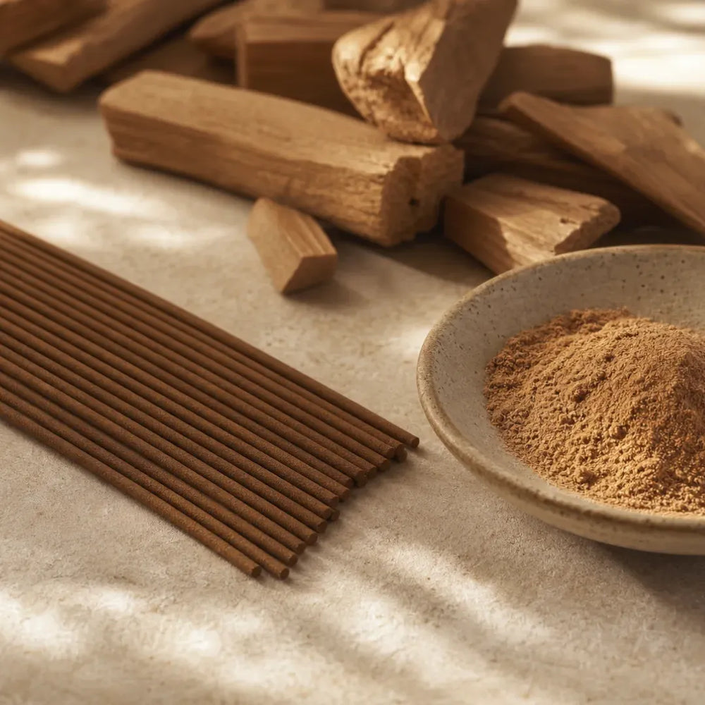 Incense sticks beside wood pieces and a bowl of wood powder