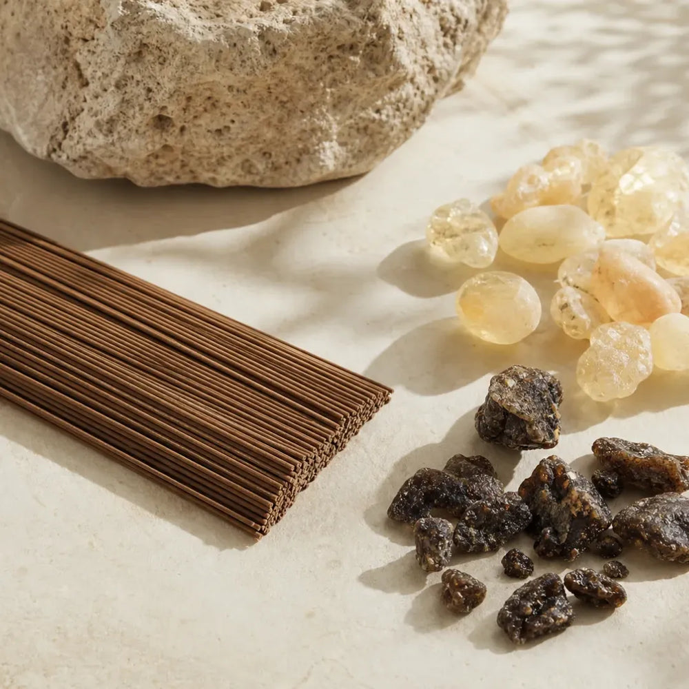 Incense sticks beside pale and dark resin pieces
