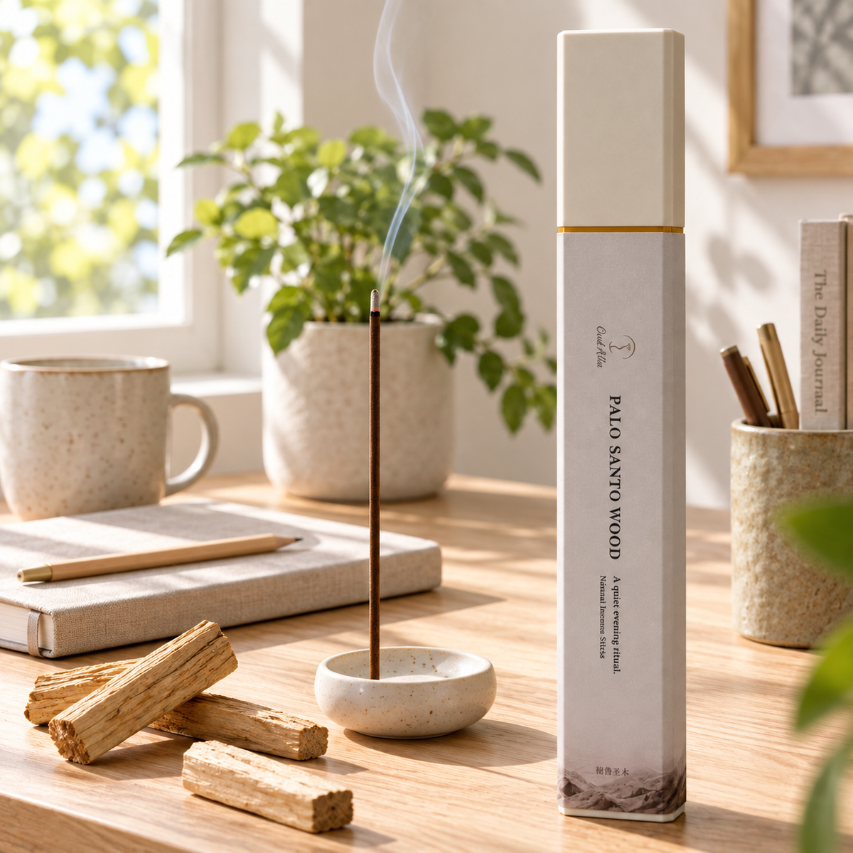 Palo Santo Wood incense in a sunlit home workspace