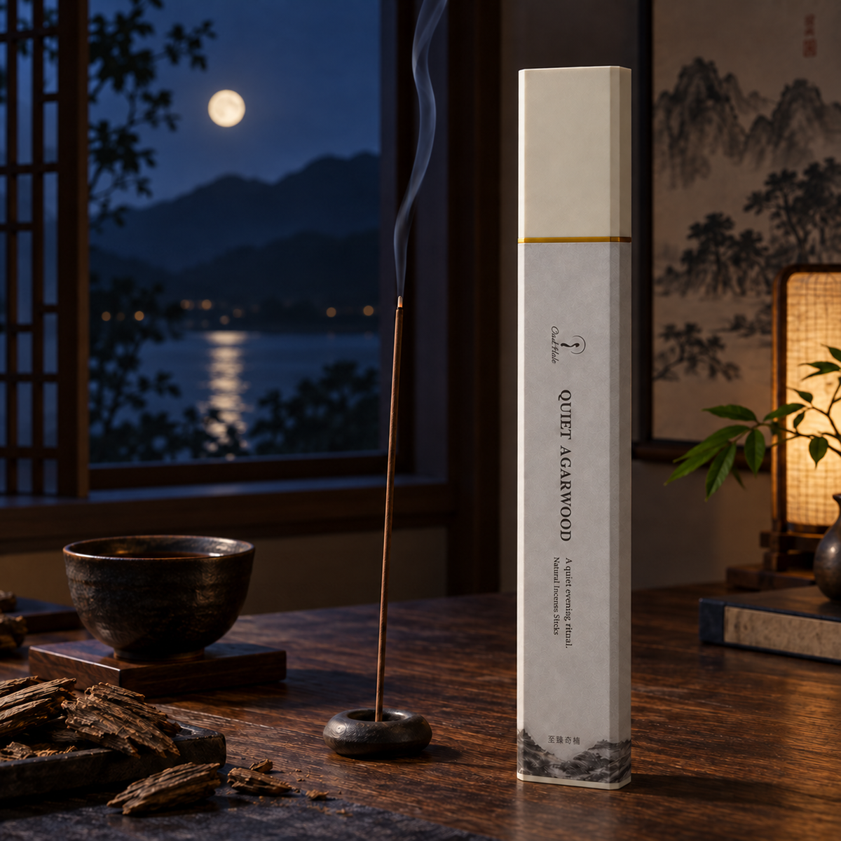 Quiet Agarwood incense in a moonlit contemplative room