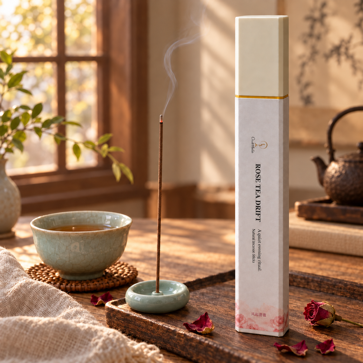 Rose Tea Drift incense beside an afternoon tea setting